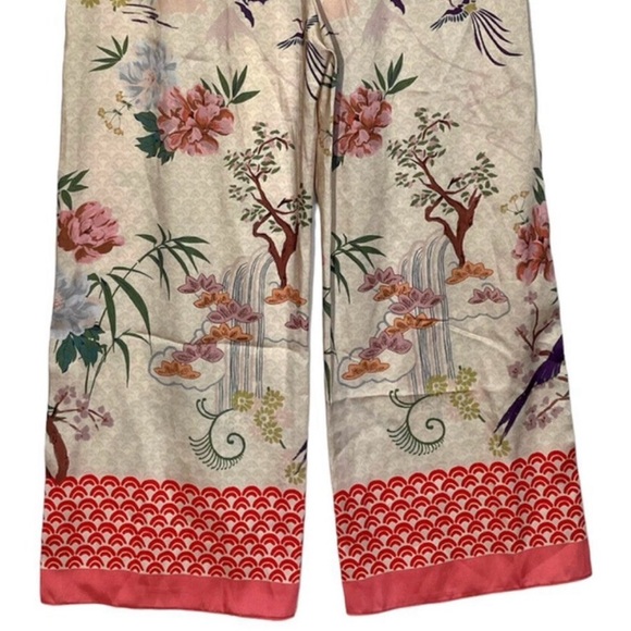 Zara Chinoiserie Silky Bird Floral Print Drawstring Wide Leg Cropped Pants - S - Picture 5 of 8